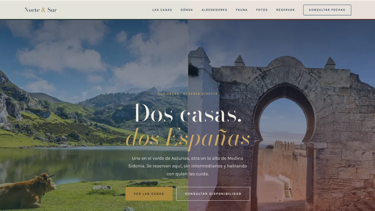 Captura de Norte & Sur, dos casas rurales con reserva directa: diseño web y desarrollo a medida de Astora en Medina Sidonia (Cádiz)