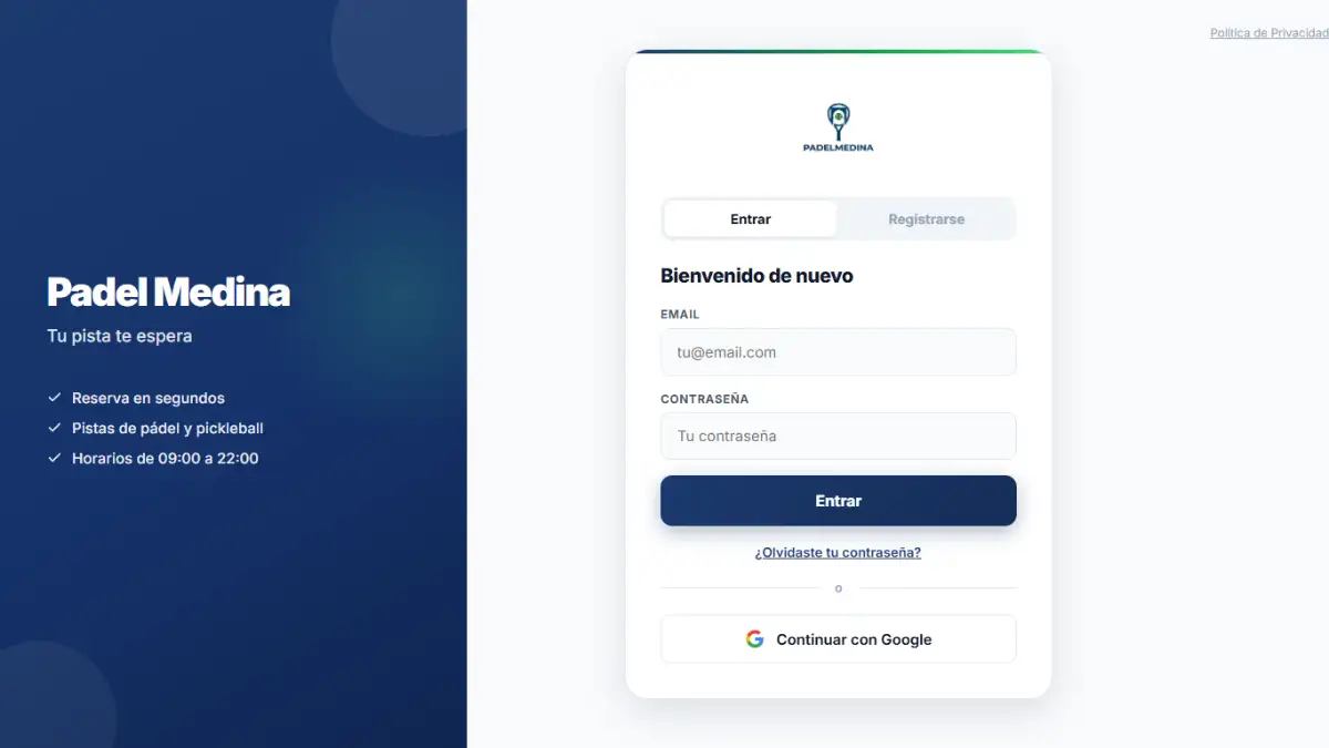 Plataforma de reservas online de Padel Medina, diseño web y desarrollo a medida de Astora en Medina Sidonia (Cádiz)