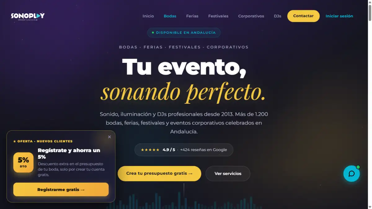 Web de Sonoplay, sonido e iluminación para eventos en Andalucía, diseñada por Astora