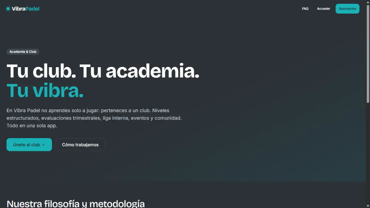 Web y app de socios del club VibraPadel, desarrollo web a medida de Astora